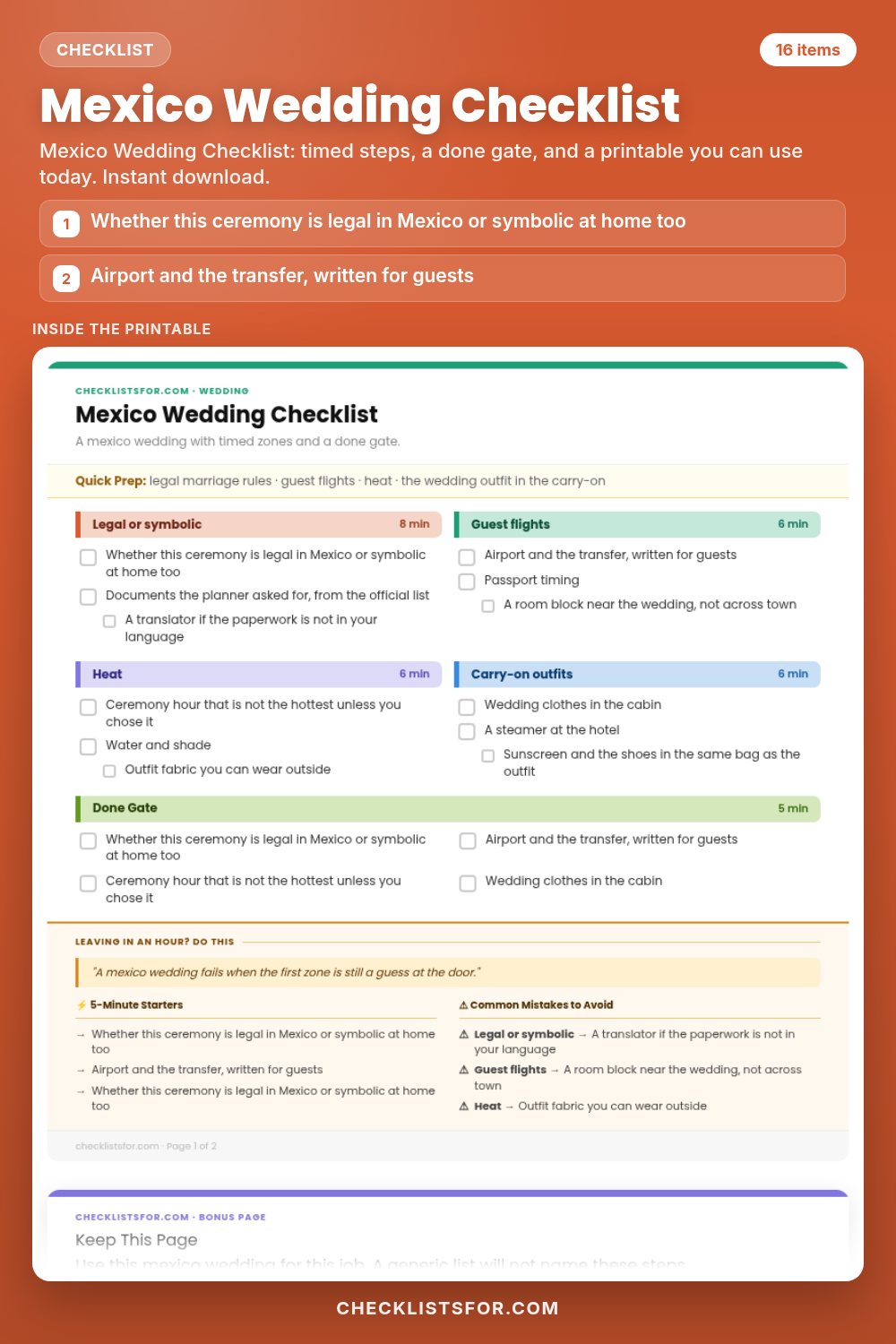 Mexico Wedding Checklist cover, interactive checklist