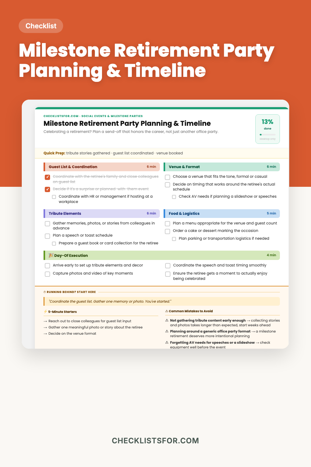 Milestone Retirement Party Planning & Timeline cover, interactive checklist