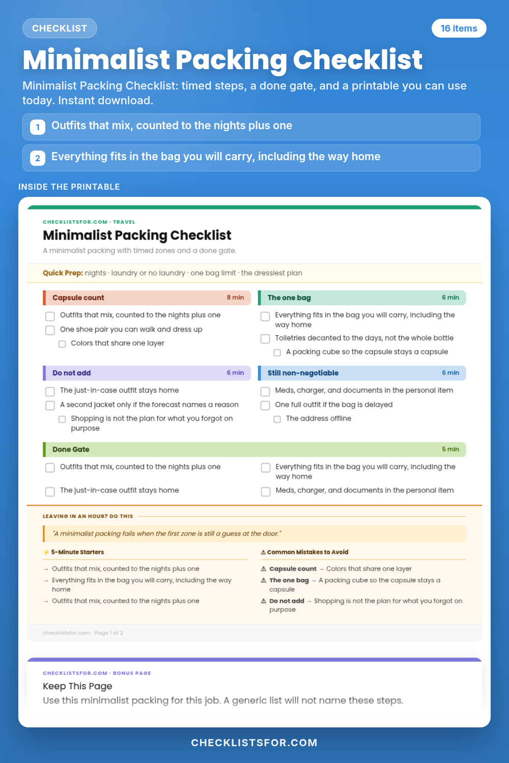 Minimalist Packing Checklist cover, interactive checklist