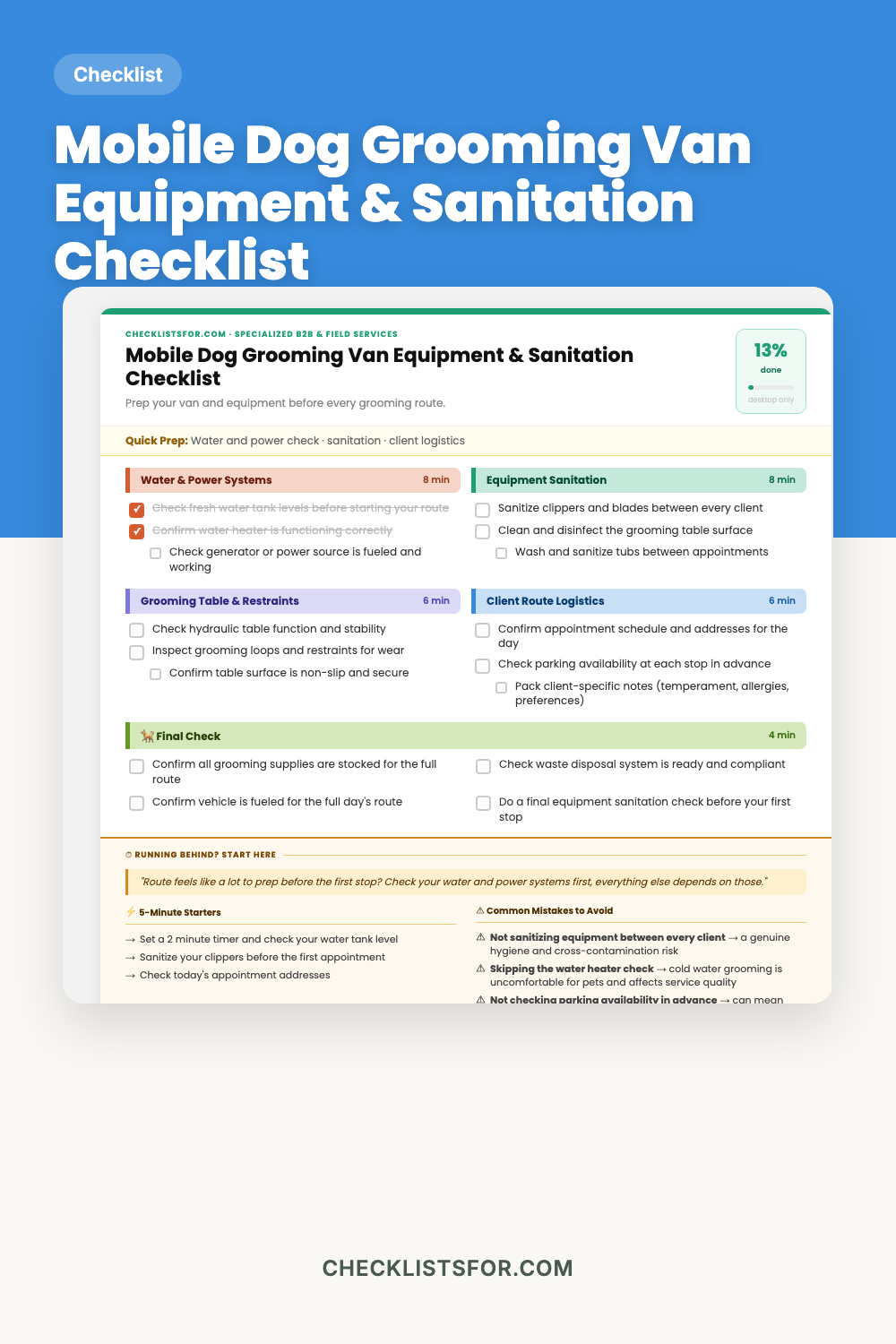 Mobile Dog Grooming Van Equipment & Sanitation Protocol Checklist cover