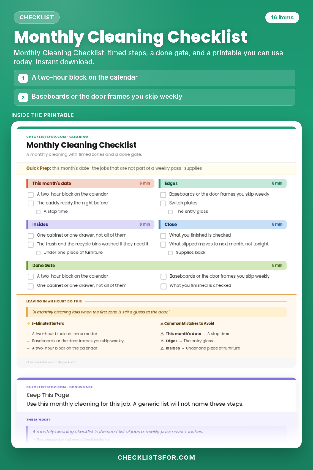 Monthly Cleaning Checklist cover, interactive checklist