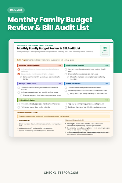 Monthly Family Budget Review & Bill Audit List
