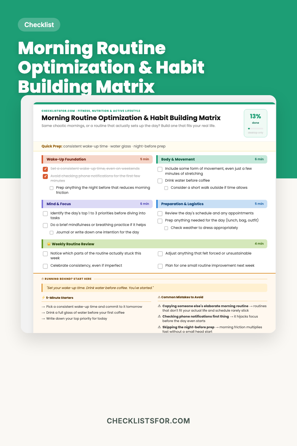 Morning Routine Optimization & Habit Building Matrix cover, interactive checklist