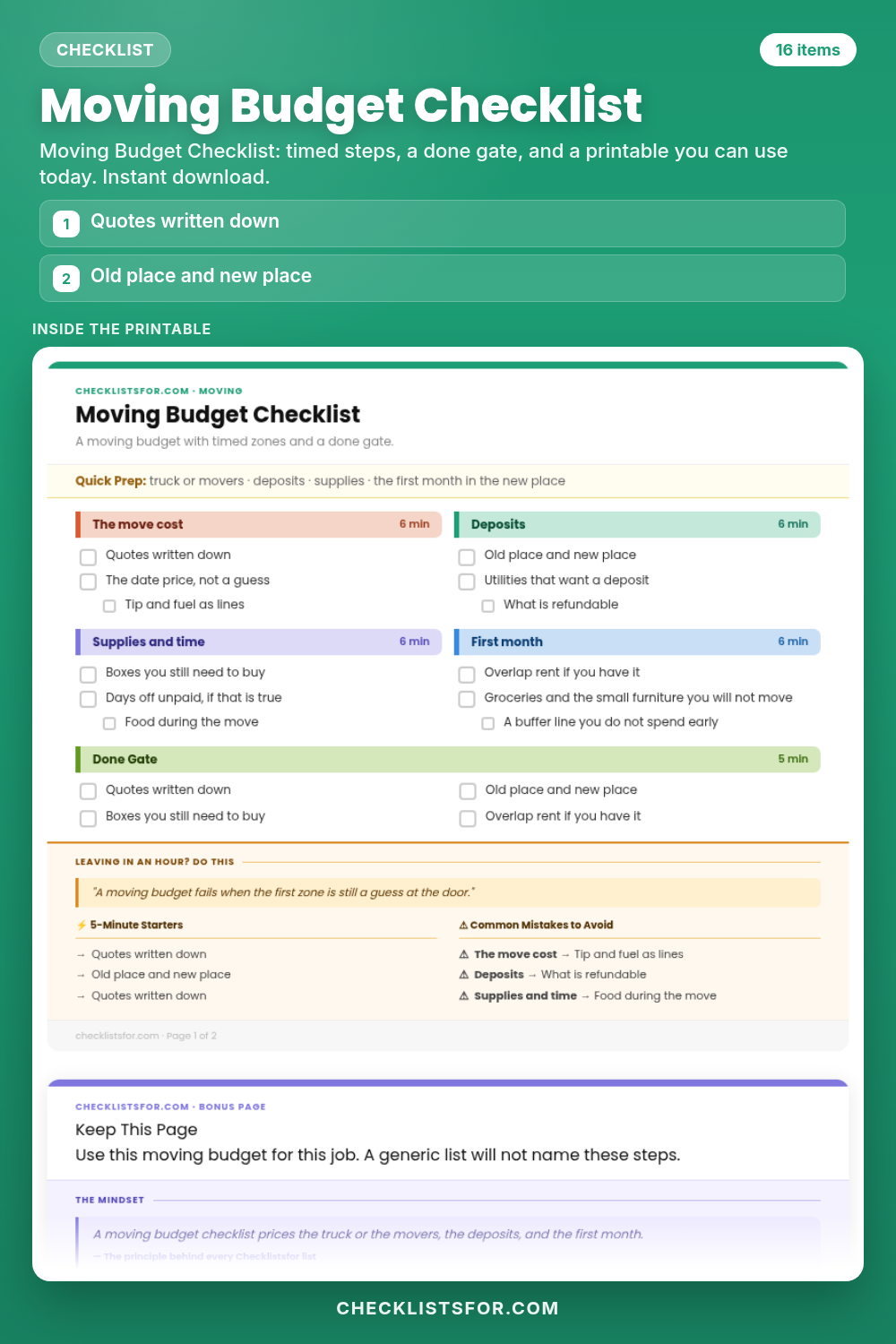 Moving Budget Checklist cover, interactive checklist