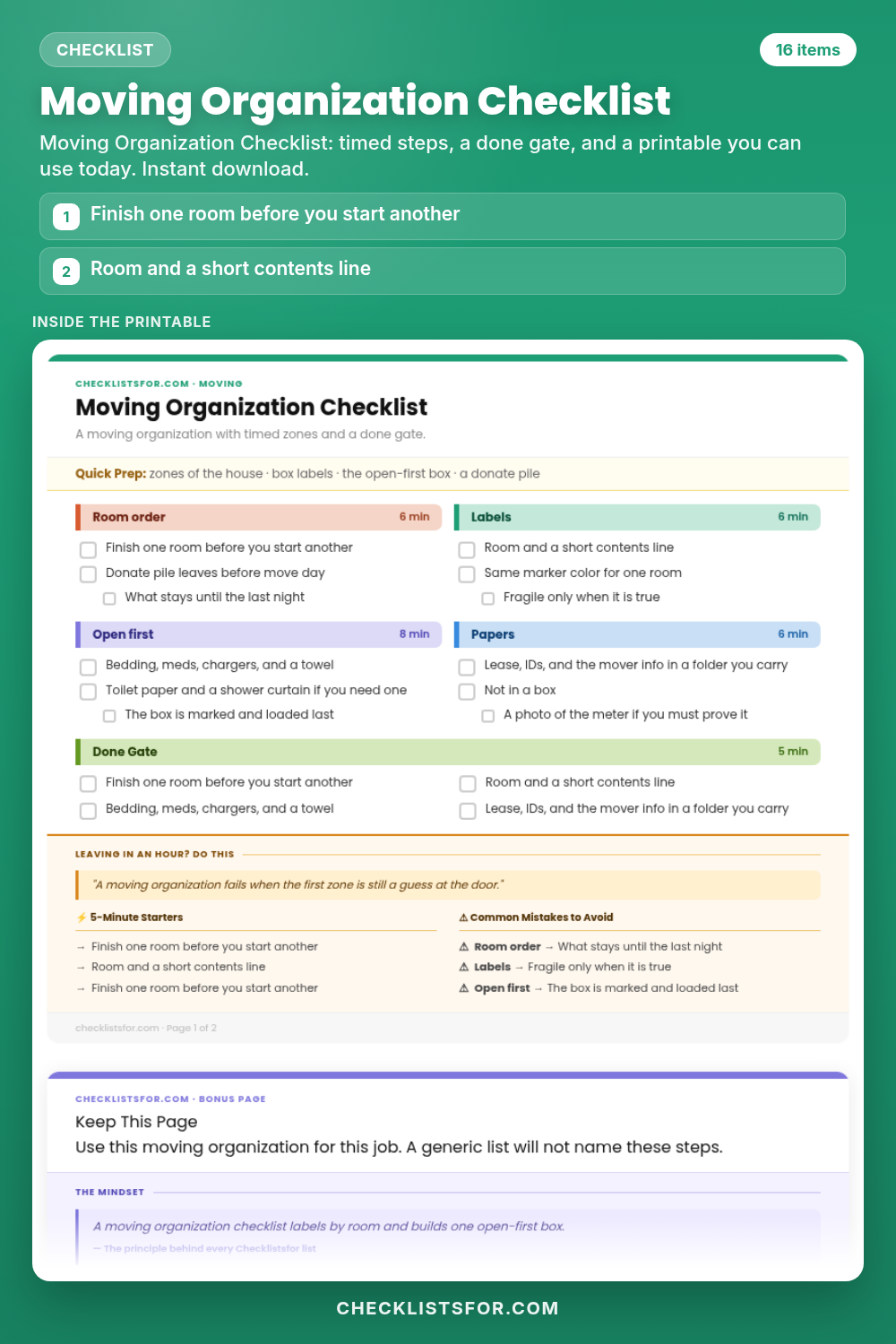 Moving Organization Checklist cover, interactive checklist