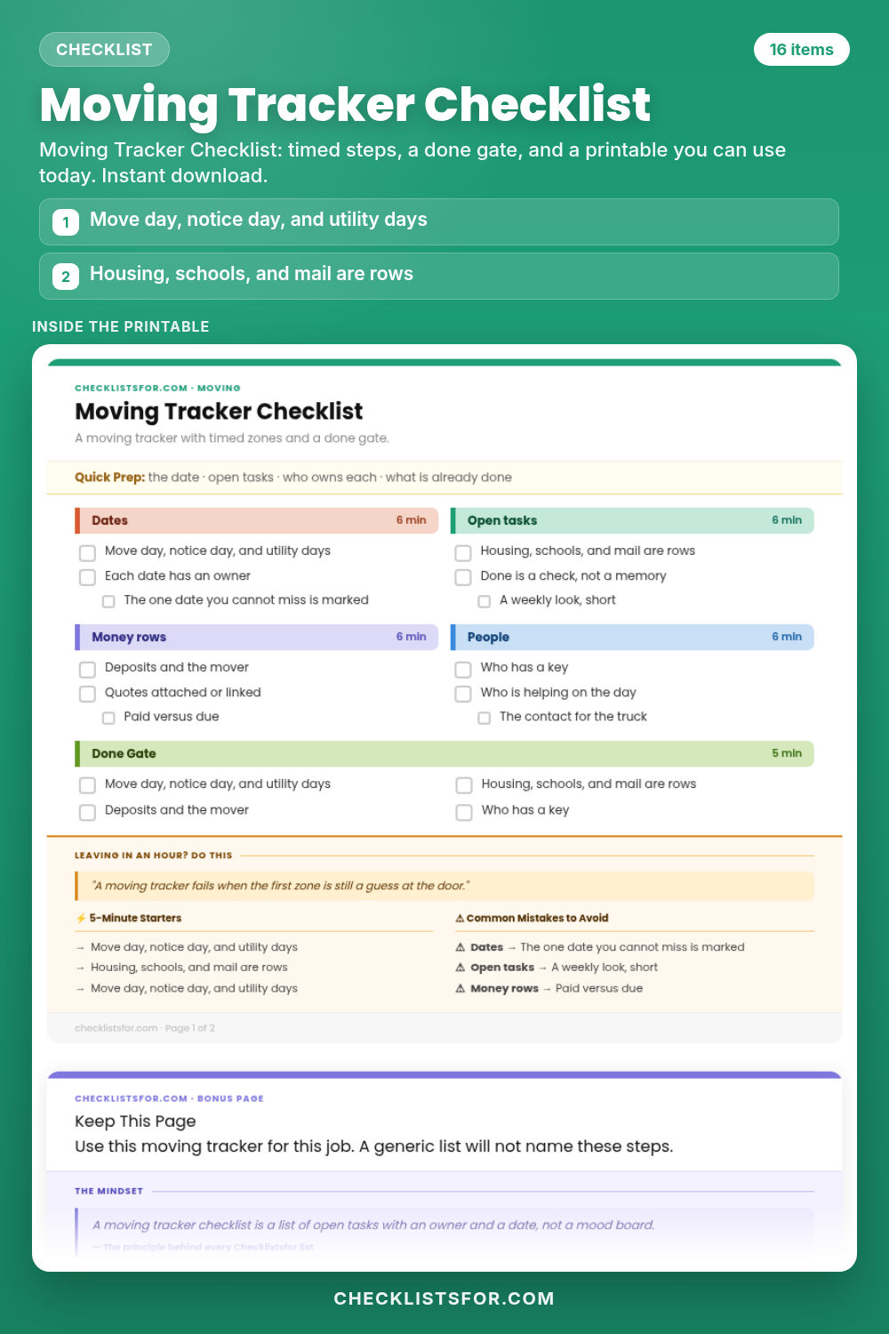 Moving Tracker Checklist cover, interactive checklist