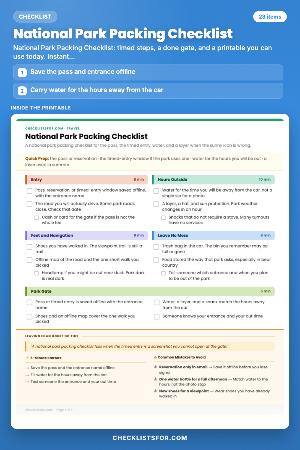National Park Packing Checklist cover, interactive checklist
