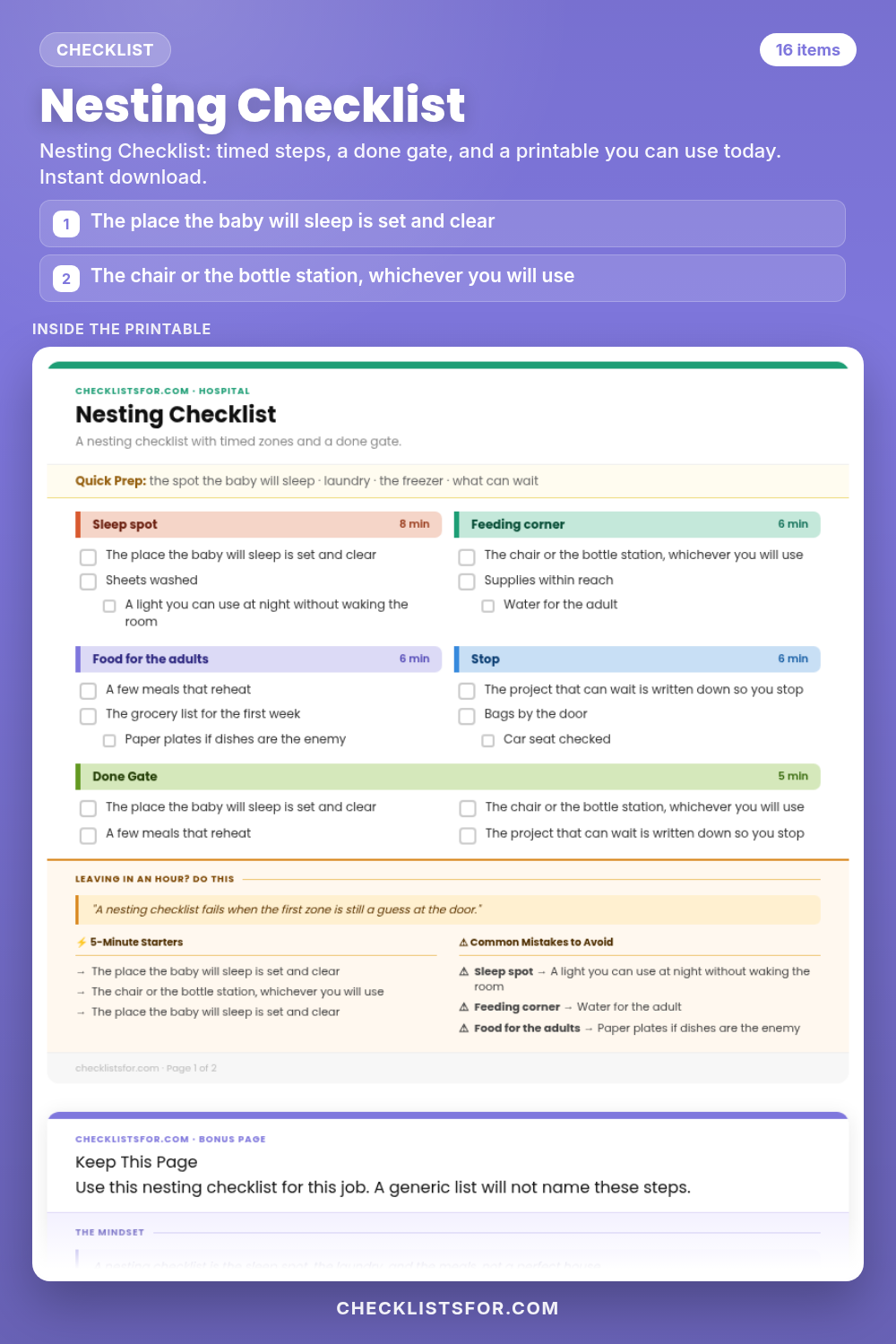 Nesting Checklist cover, interactive checklist