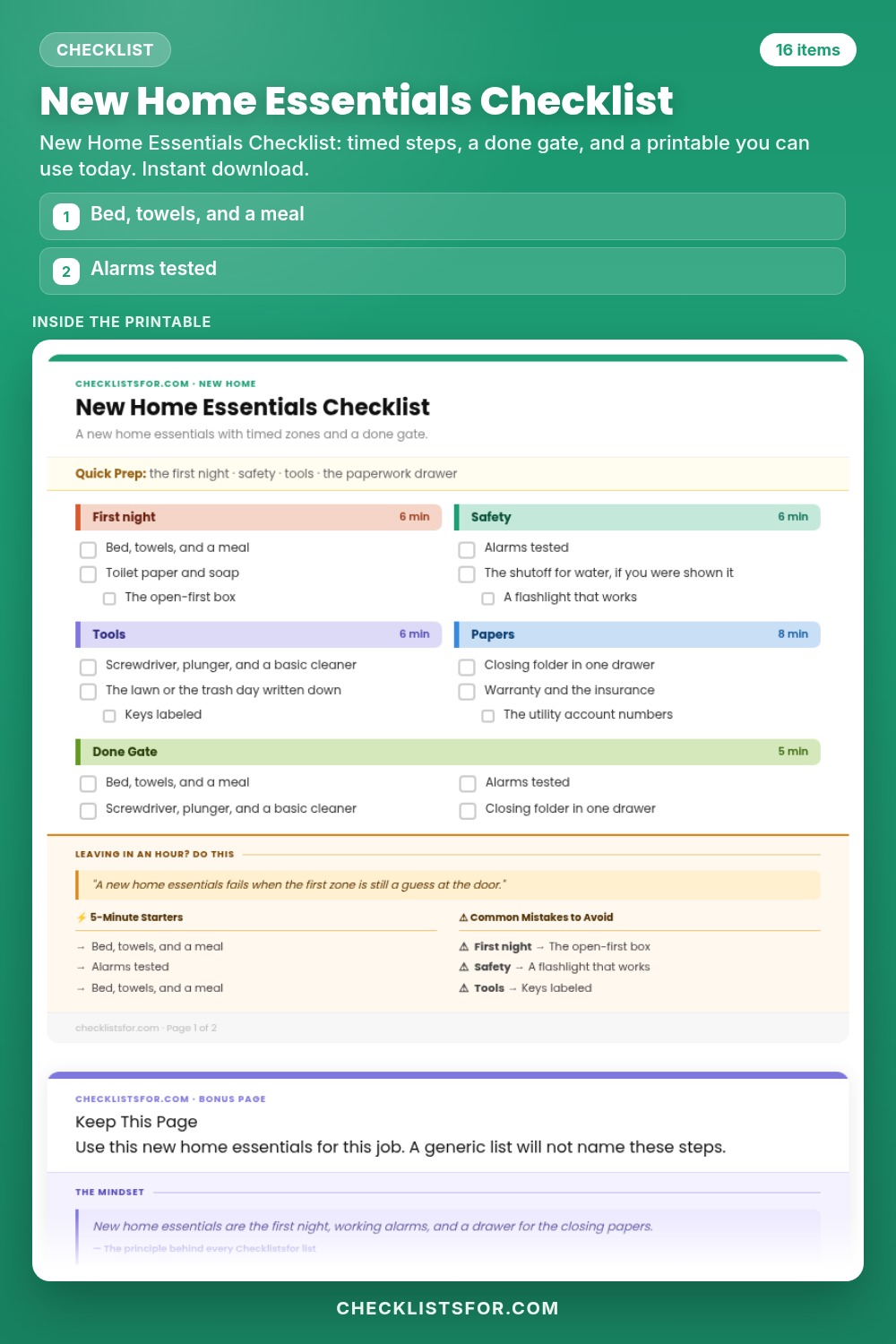 New Home Essentials Checklist cover, interactive checklist