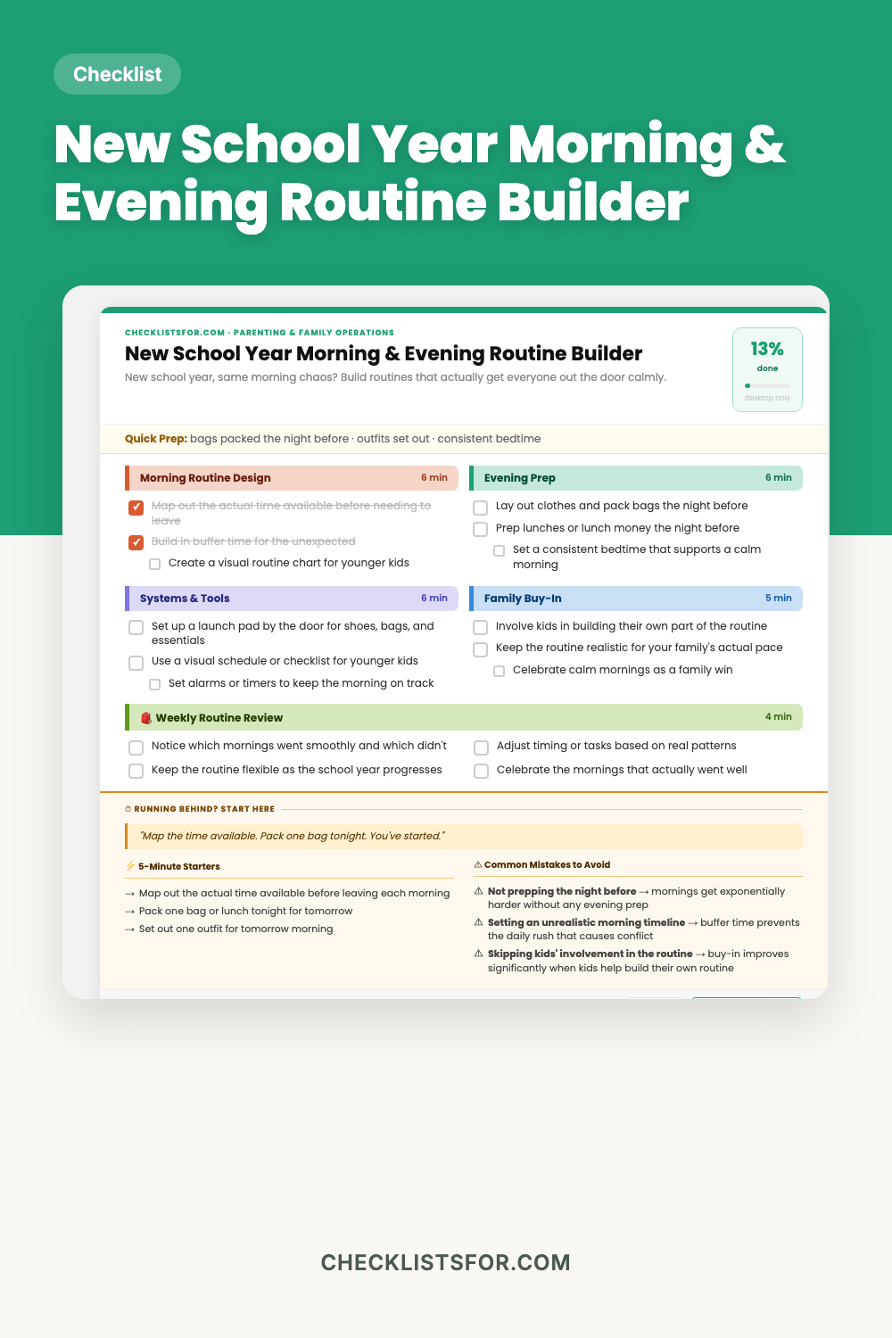 New School Year Morning & Evening Routine Builder cover, interactive checklist
