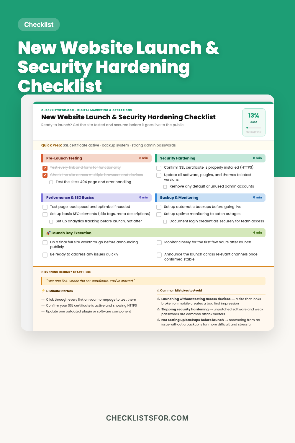 New Website Launch & Security Hardening Checklist cover, interactive checklist