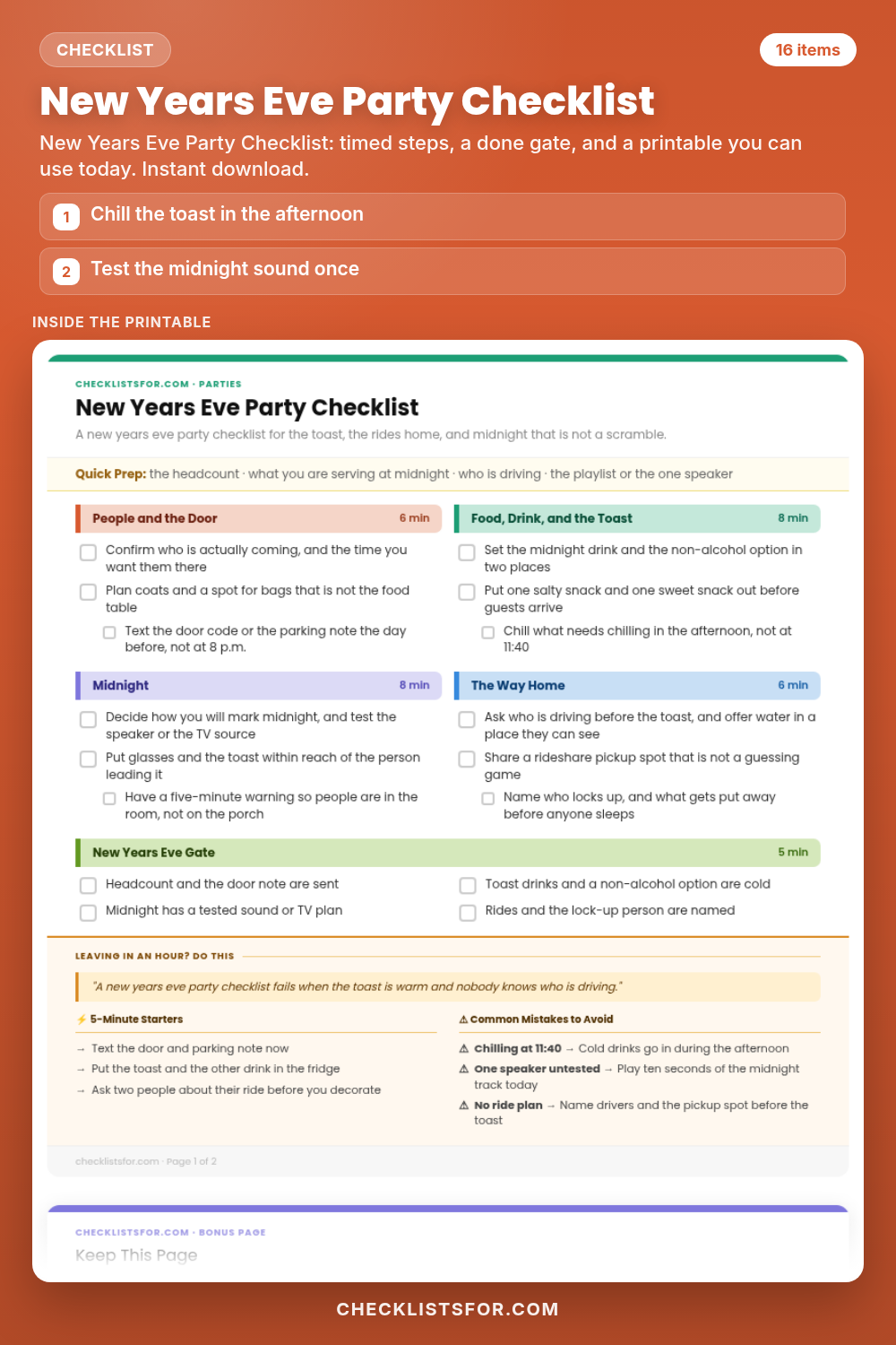 New Years Eve Party Checklist cover, interactive checklist
