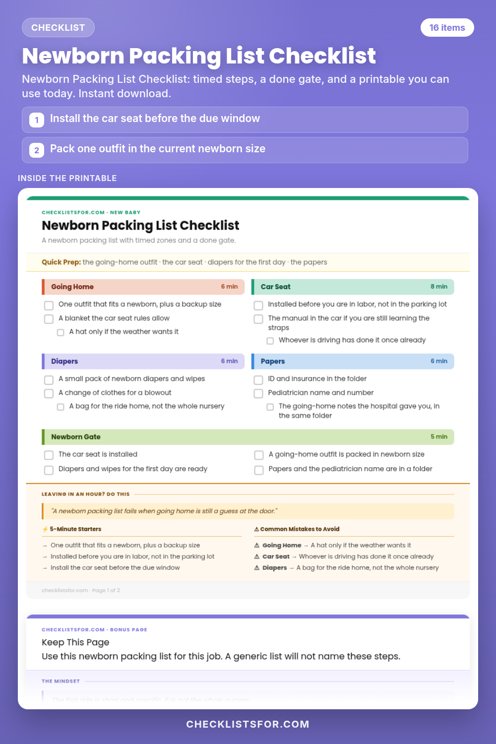 Newborn Packing List Checklist cover, interactive checklist