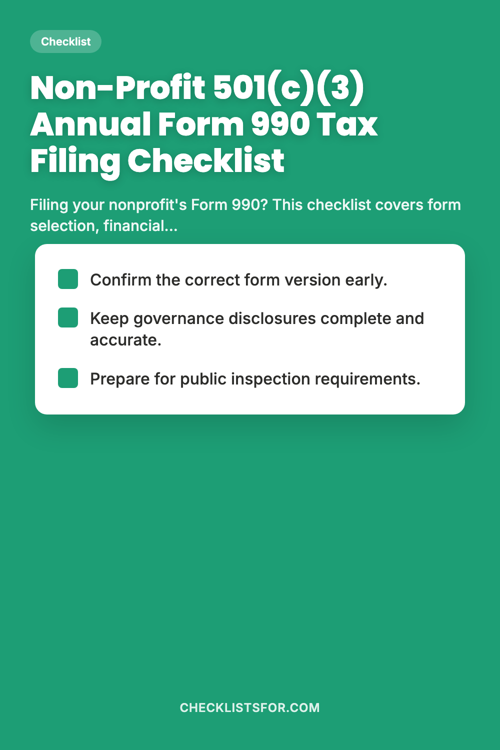 Non-Profit 501(c)(3) Annual Form 990 Tax Filing Checklist