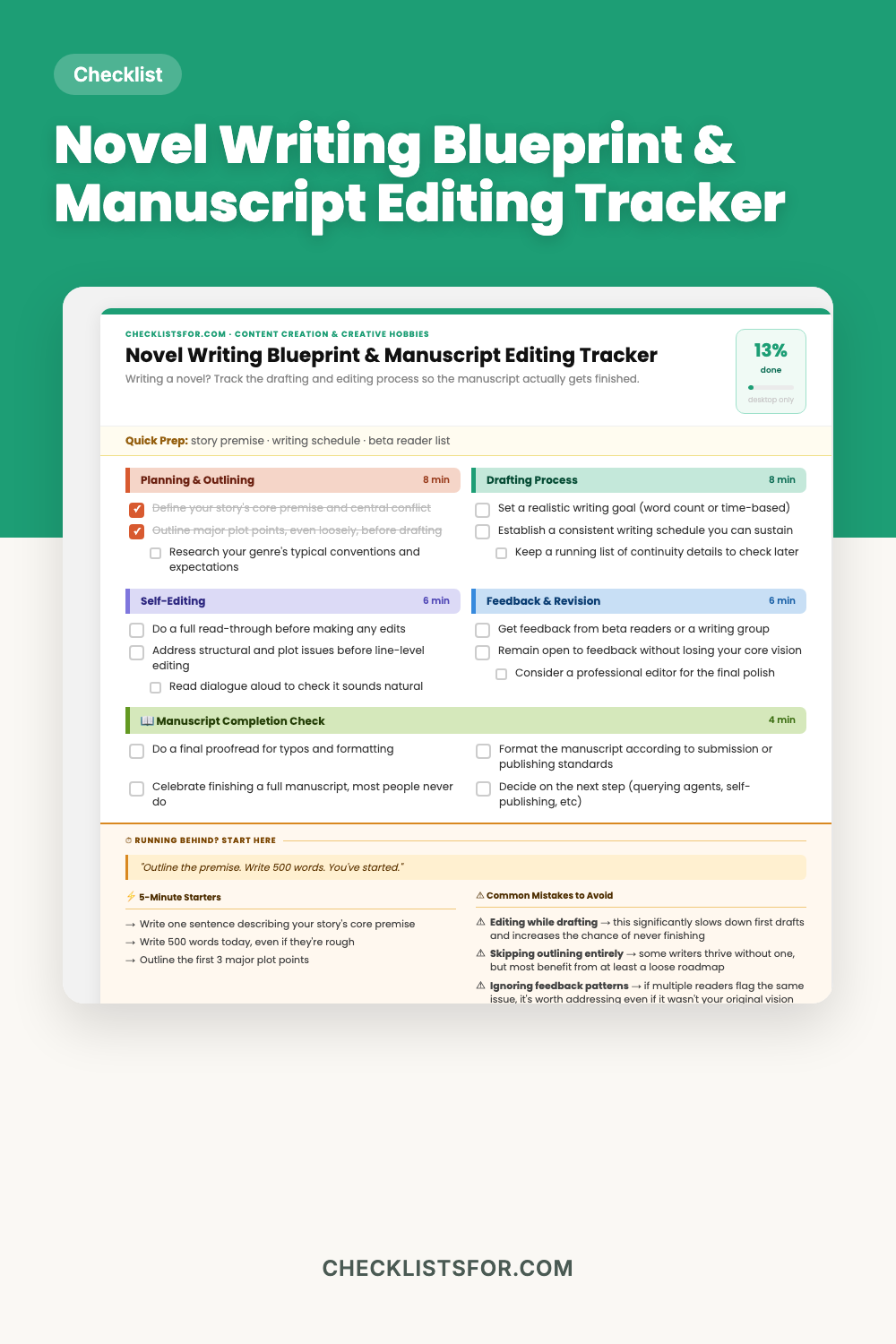 Novel Writing Blueprint & Manuscript Editing Tracker cover, interactive checklist