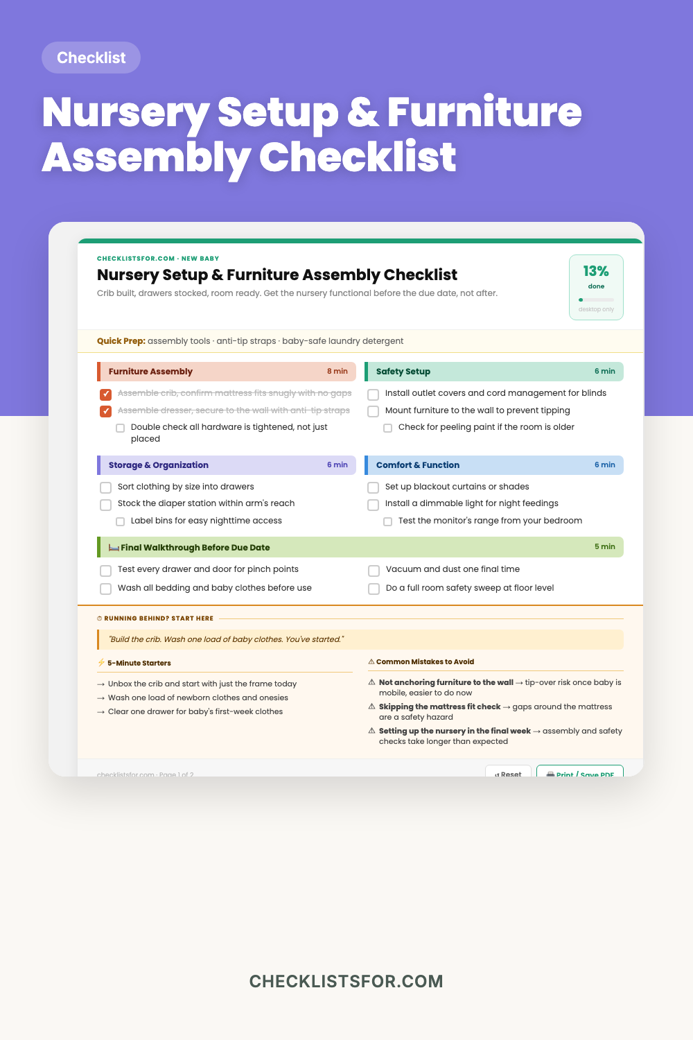 Nursery Setup & Furniture Assembly Checklist cover, interactive checklist