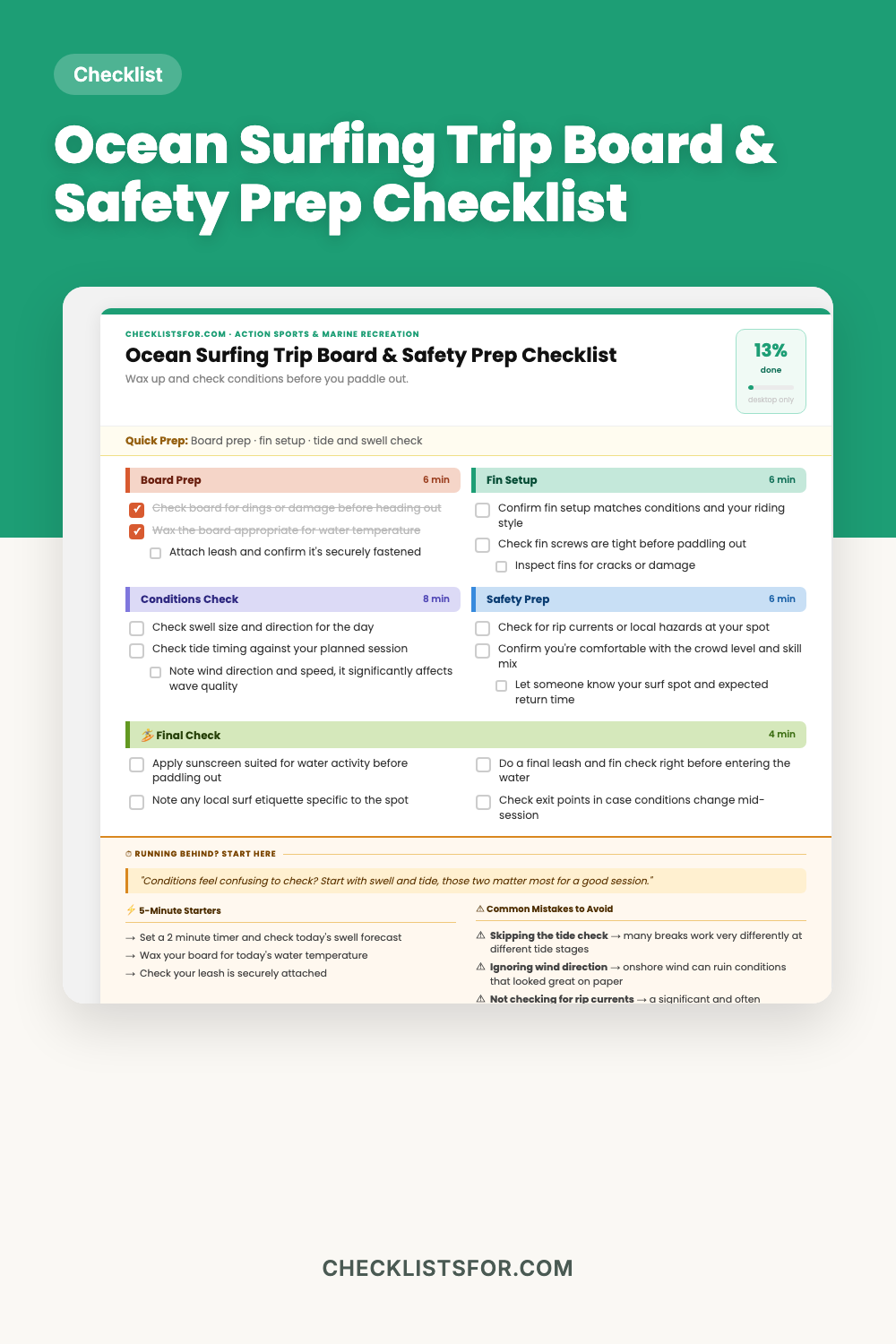Ocean Surfing Trip Surfboard Prep & Swell Safety Inspection Checklist cover