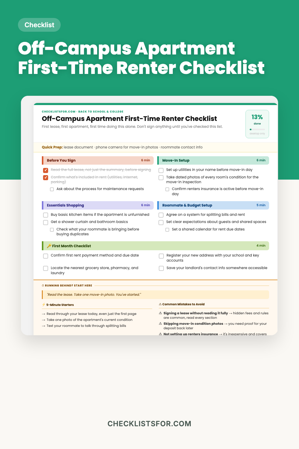 Off-Campus Apartment First-Time Renter Checklist