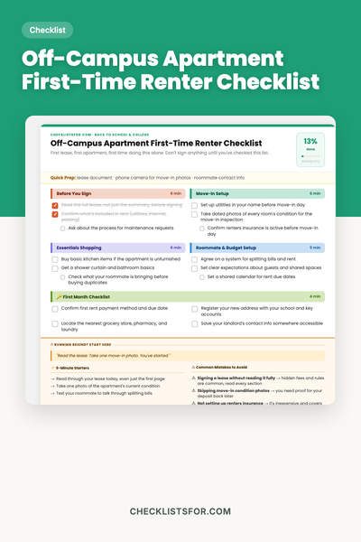 Off-Campus Apartment First-Time Renter Checklist