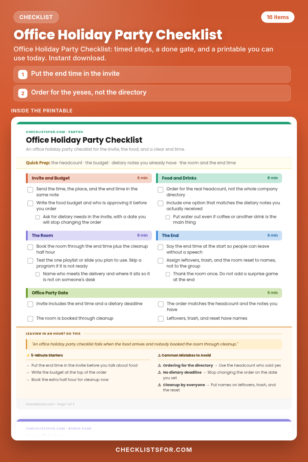 Office Holiday Party Checklist cover, interactive checklist