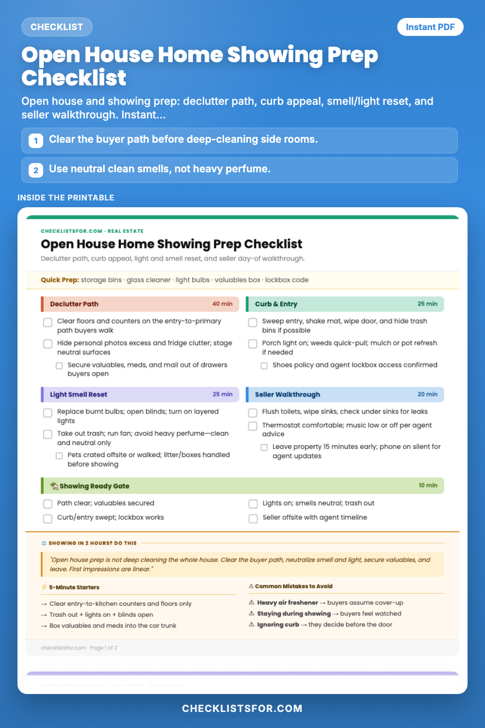 Open House Home Showing Prep Checklist cover, interactive checklist