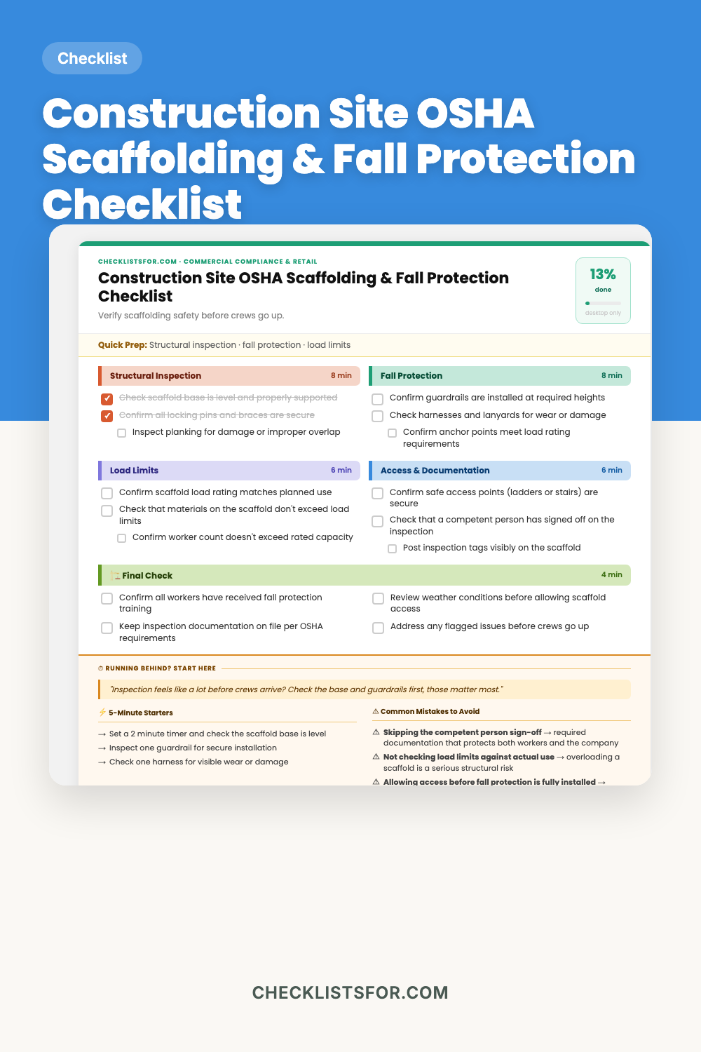 Construction Site OSHA Scaffolding & Fall Protection Safety Checklist cover