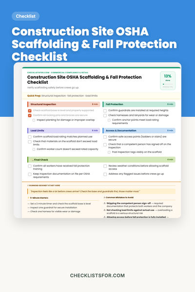 Construction Site OSHA Scaffolding & Fall Protection Checklist