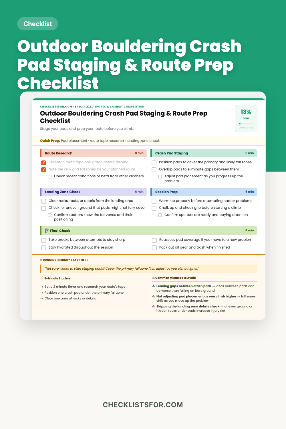 Outdoor Bouldering Crash Pad Staging & Route Topo Prep Checklist cover