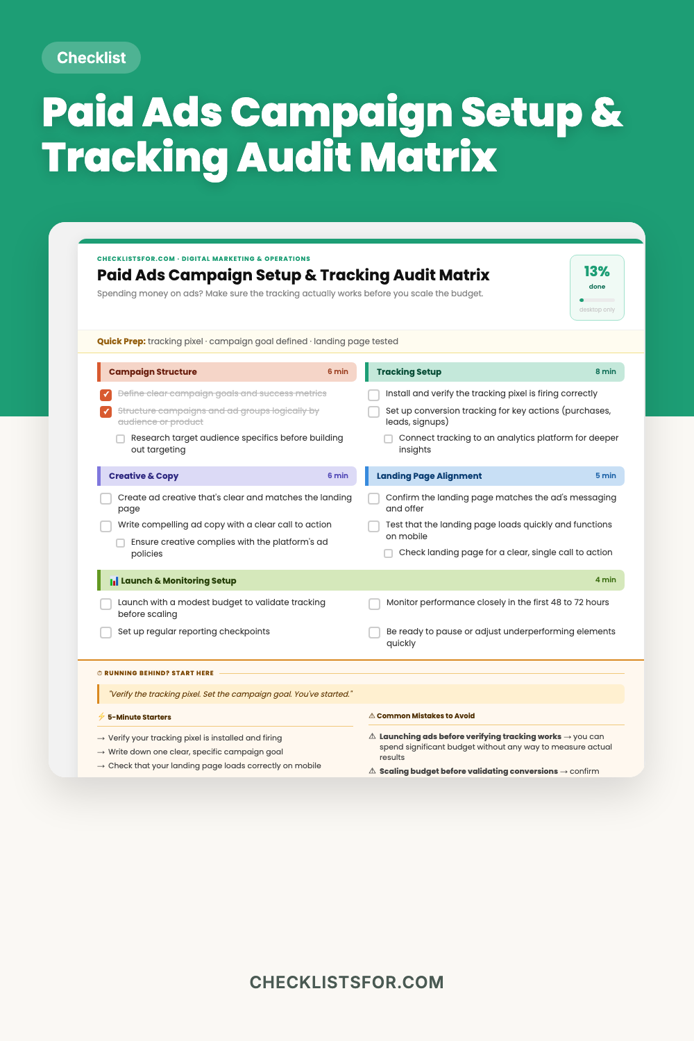 Paid Ads Campaign Setup & Tracking Audit Matrix cover, interactive checklist