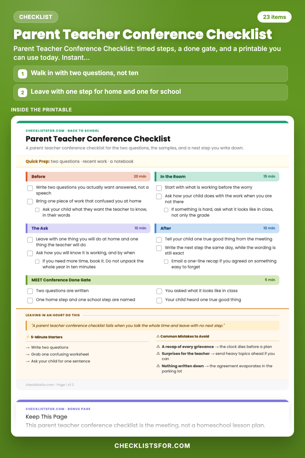 Parent Teacher Conference Checklist cover, interactive checklist
