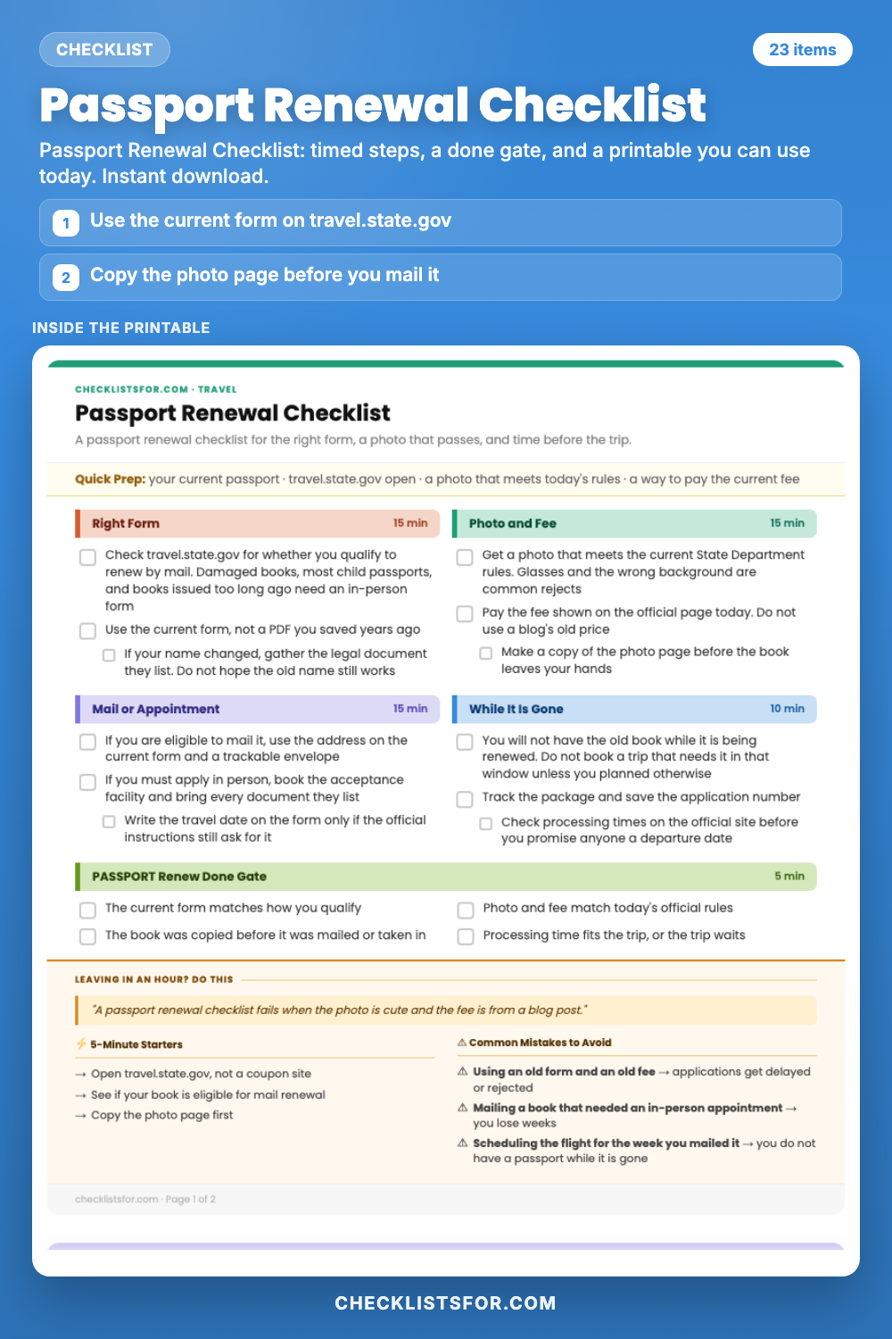 Passport Renewal Checklist cover, interactive checklist