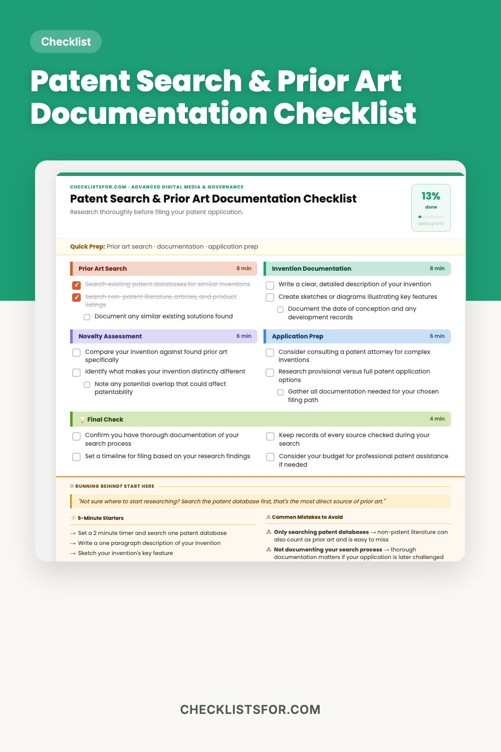 Patent Search Research Flow & Prior Art Documentation Blueprint Checklist cover