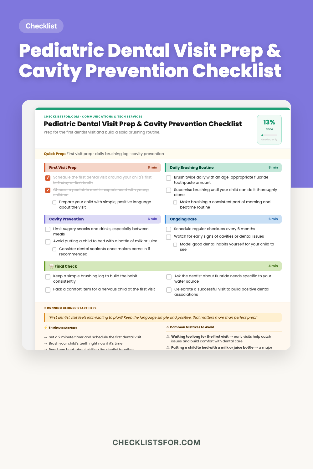 Pediatric Dental Visit Prep & Daily Cavity Prevention Routine Checklist cover
