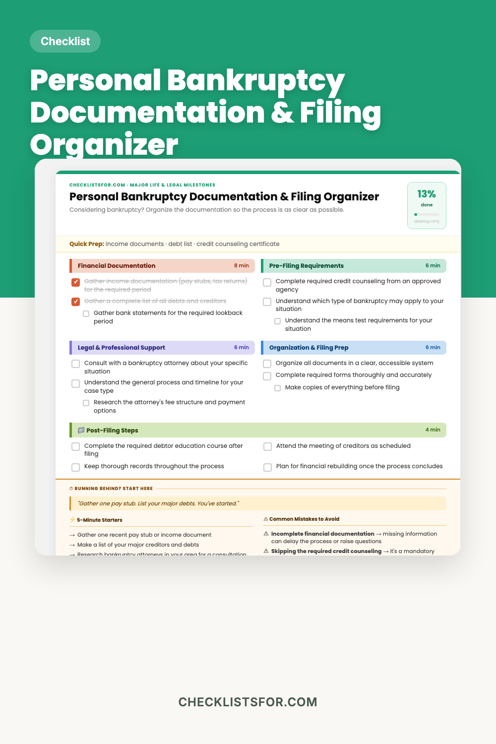 Personal Bankruptcy Documentation & Filing Organizer cover, interactive checklist