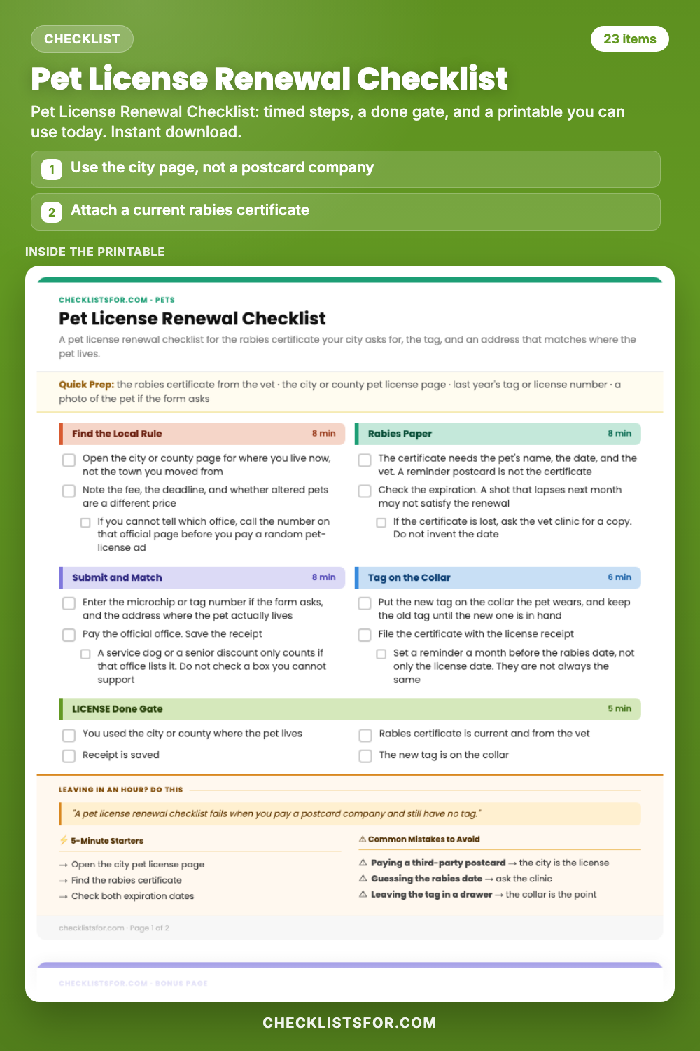 Pet License Renewal Checklist cover, interactive checklist