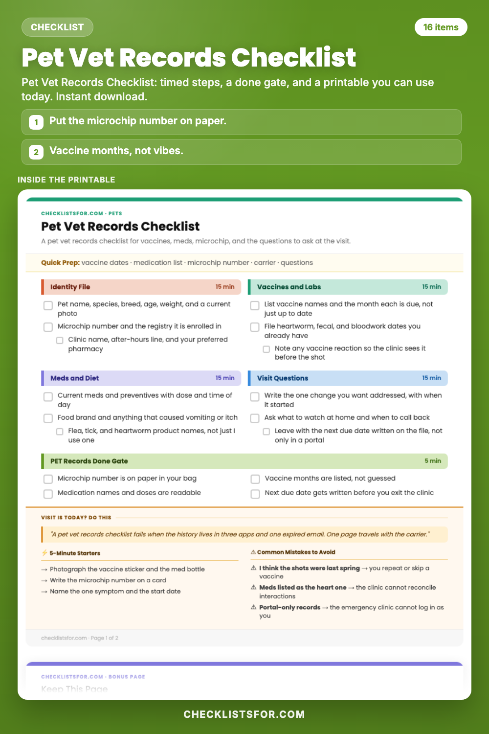 Pet Vet Records Checklist