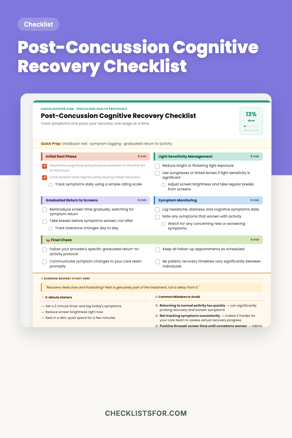 Post-Concussion Cognitive Recovery & Light Sensitivity Protocol Checklist cover