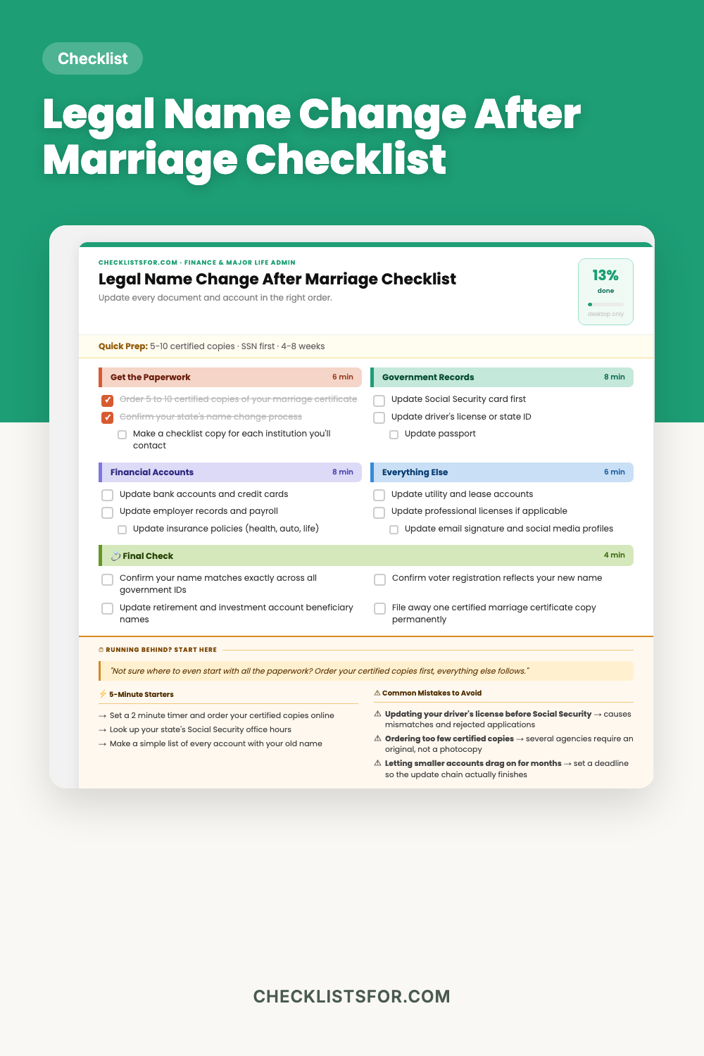 Legal Name Change After Marriage Checklist cover, document update tracker