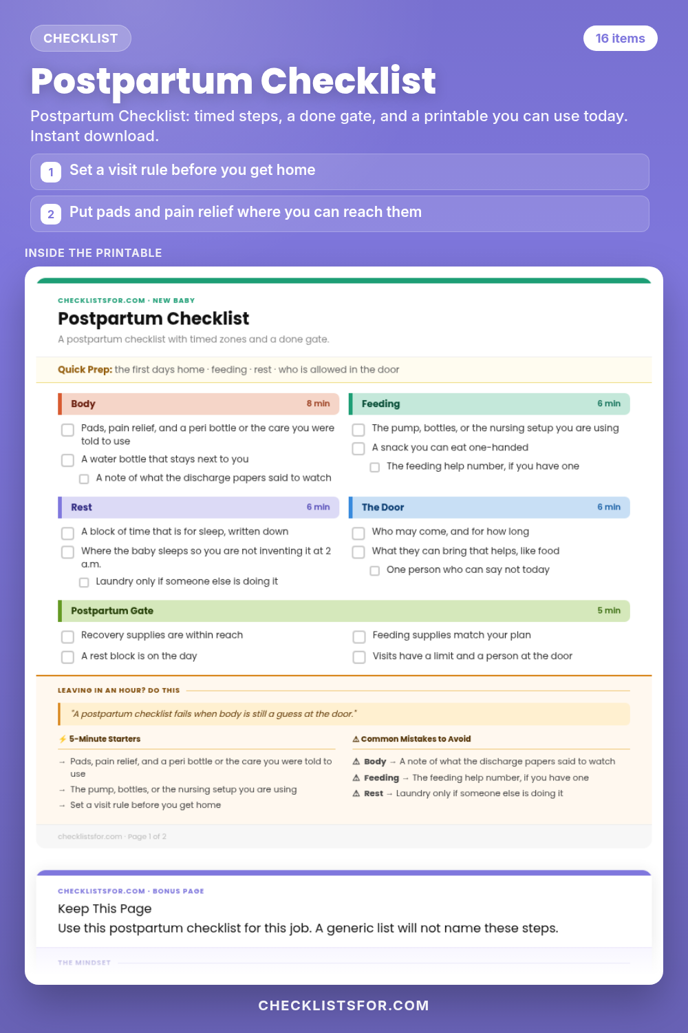 Postpartum Checklist cover, interactive checklist