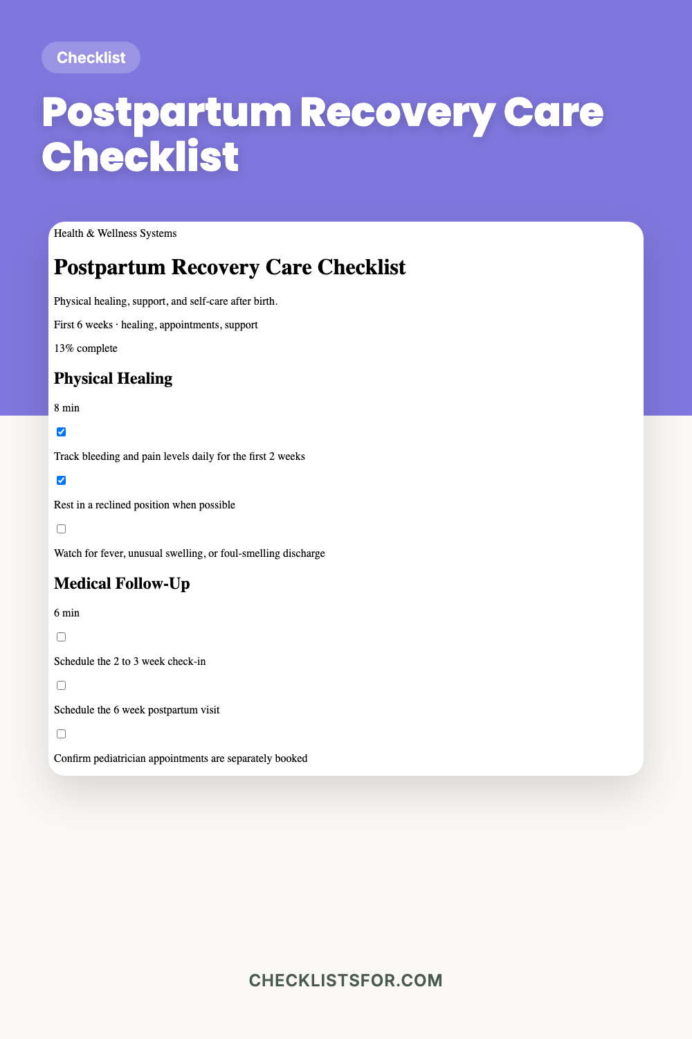 Postpartum Recovery Care Checklist