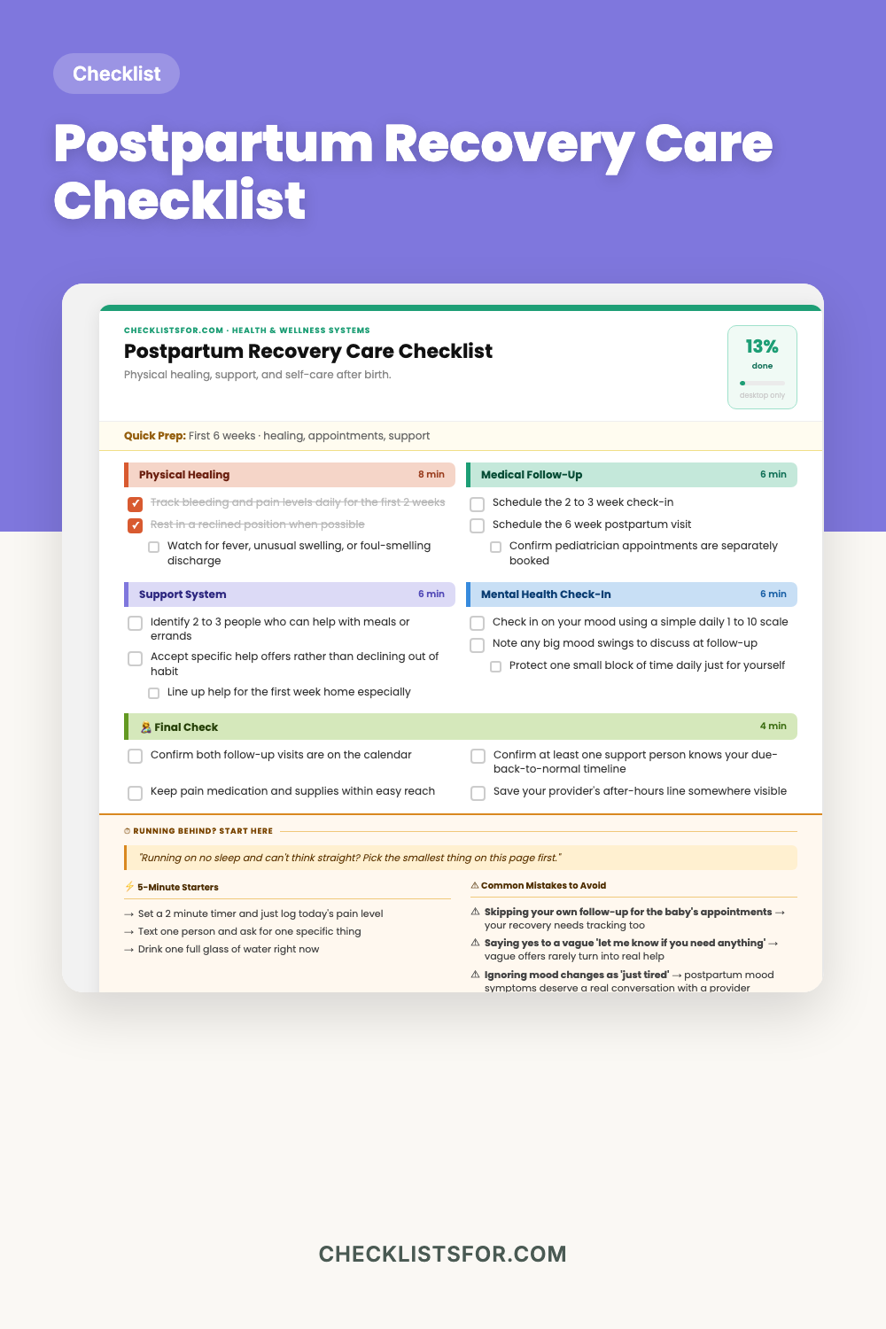 Postpartum Recovery Care Checklist cover, new mom self-care tracker