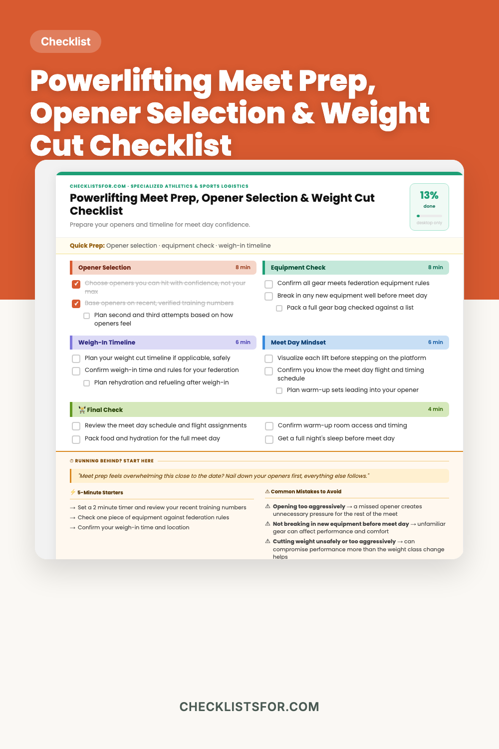 Powerlifting Meet Prep, Opener Selection & Weight Cut Log Checklist cover