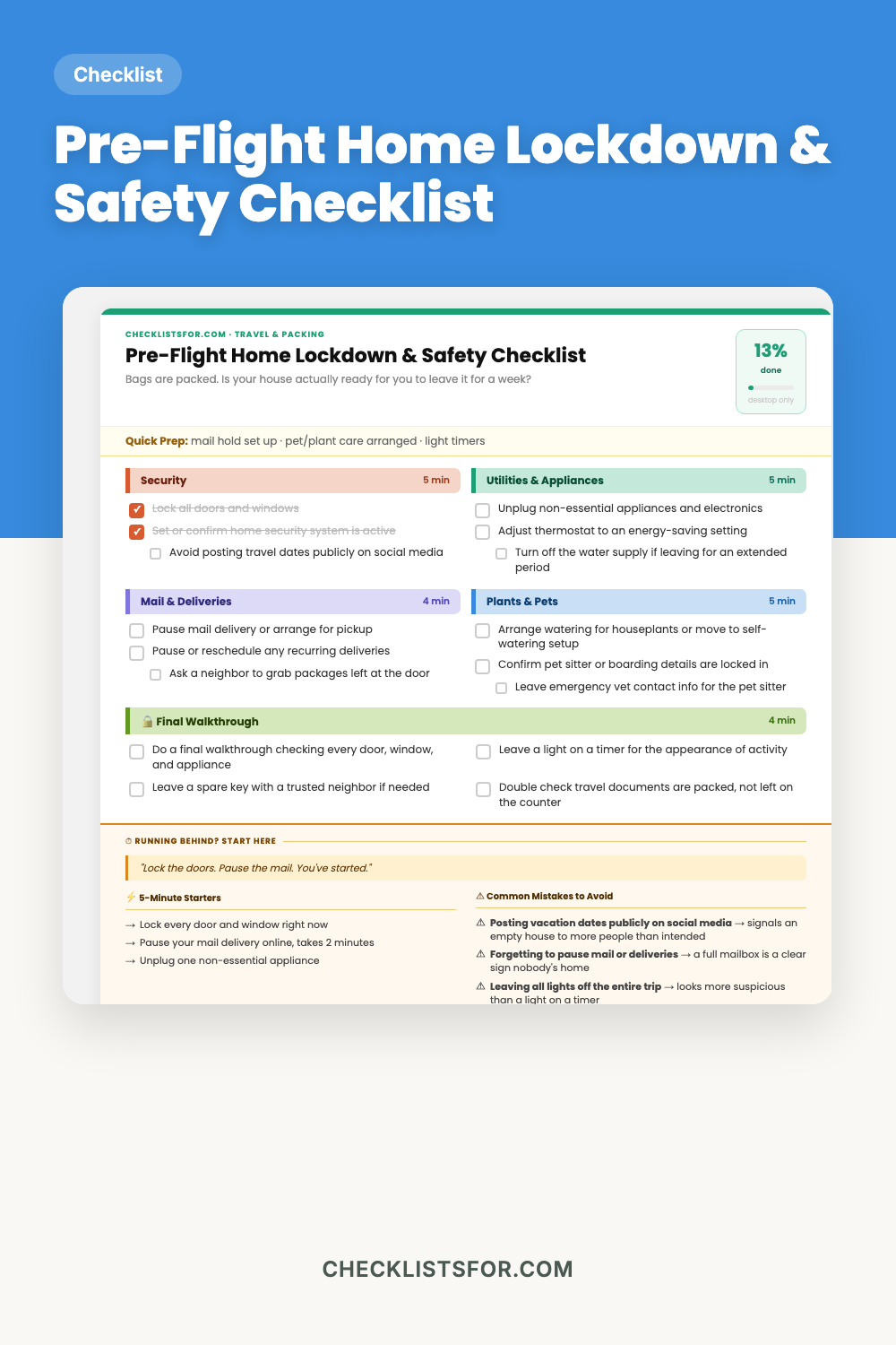 Pre-Flight Home Lockdown & Safety Checklist