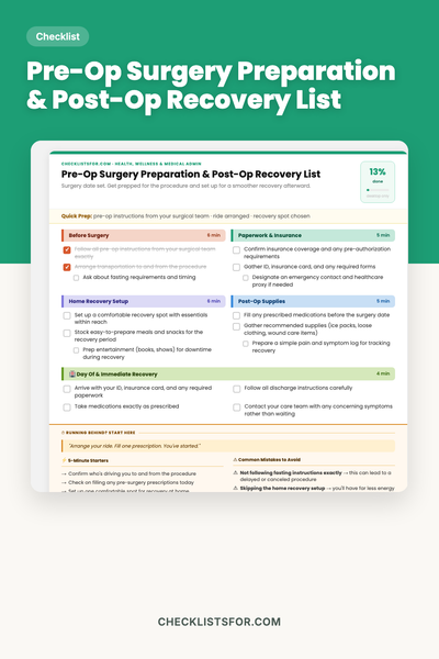 Pre-Op Surgery Preparation & Post-Op Recovery List