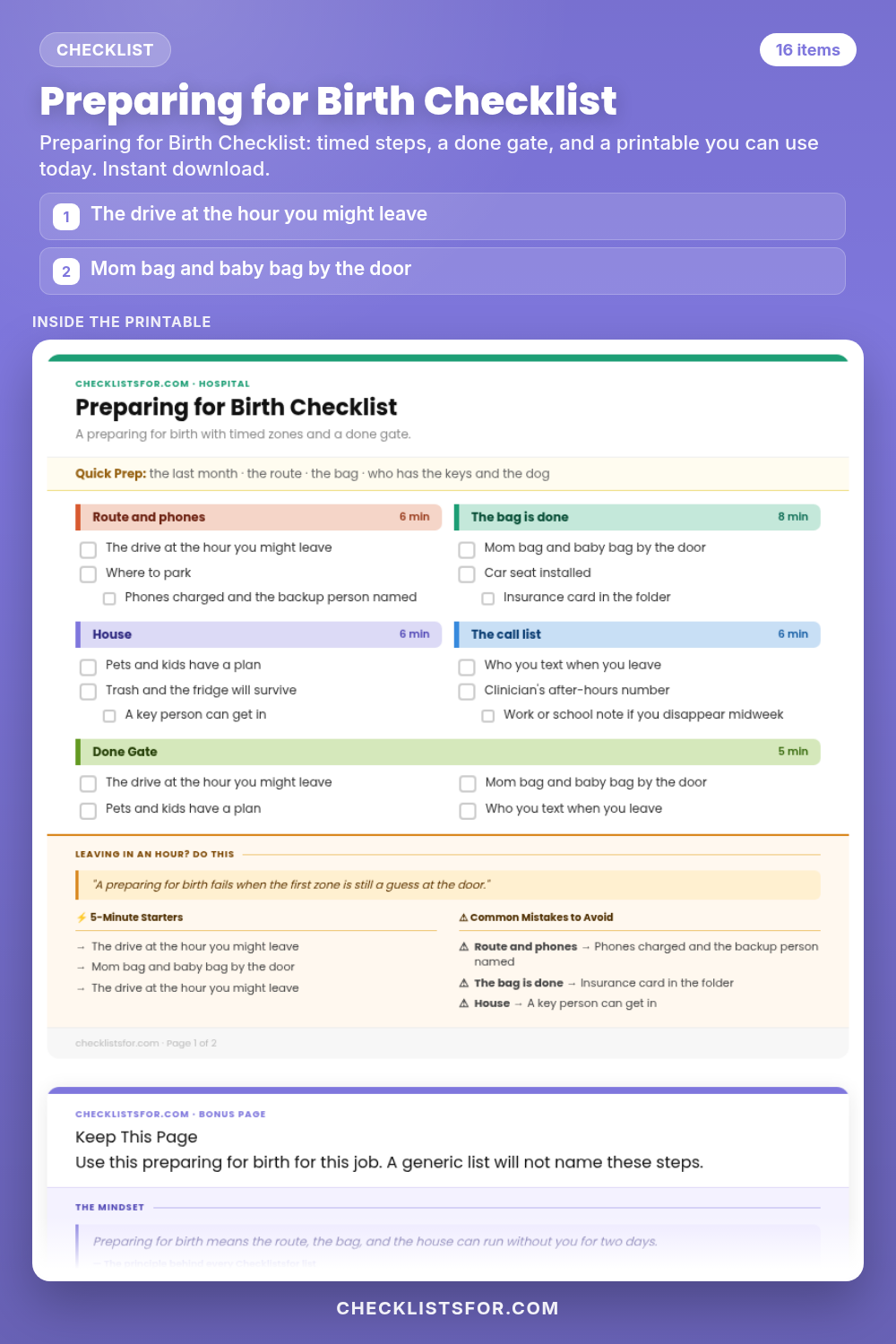 Preparing for Birth Checklist cover, interactive checklist