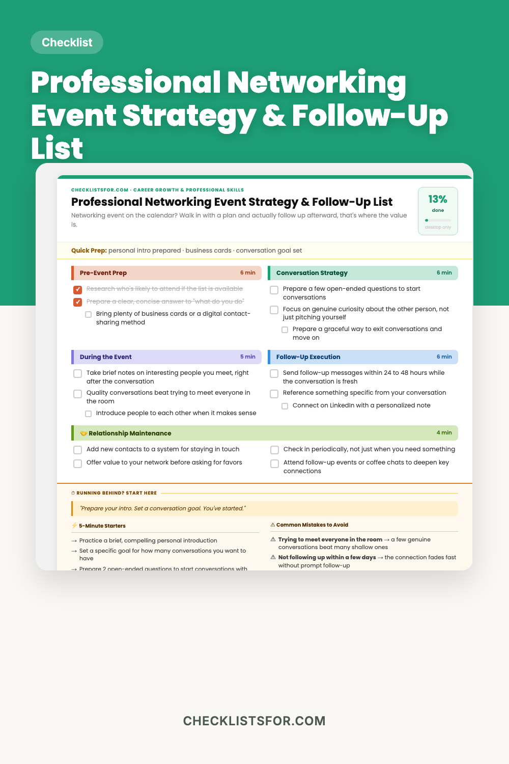 Professional Networking Event Strategy & Follow-Up List cover, interactive checklist
