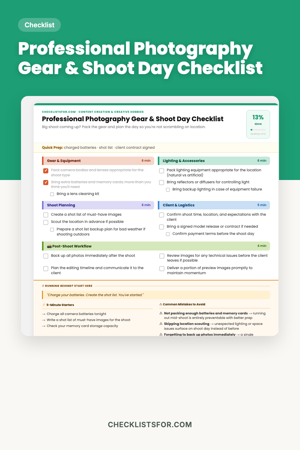 Professional Photography Gear & Shoot Day Checklist cover, interactive checklist