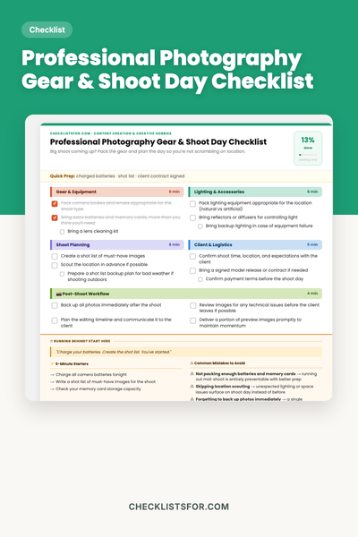 Professional Photography Gear & Shoot Day Checklist