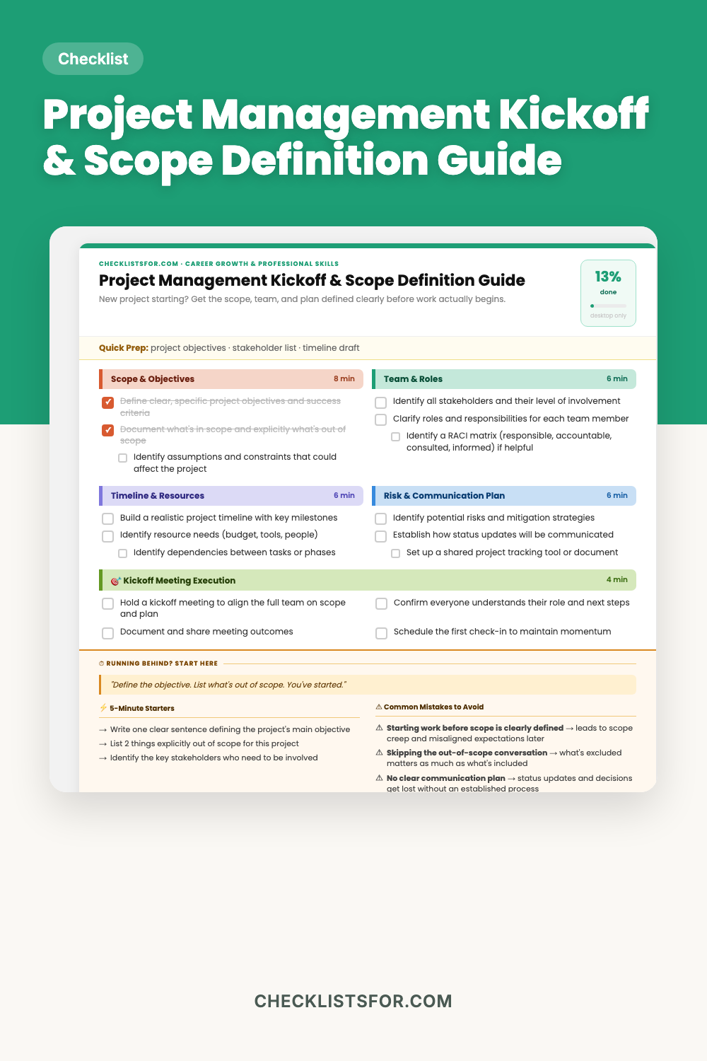 Project Management Kickoff & Scope Definition Guide cover, interactive checklist