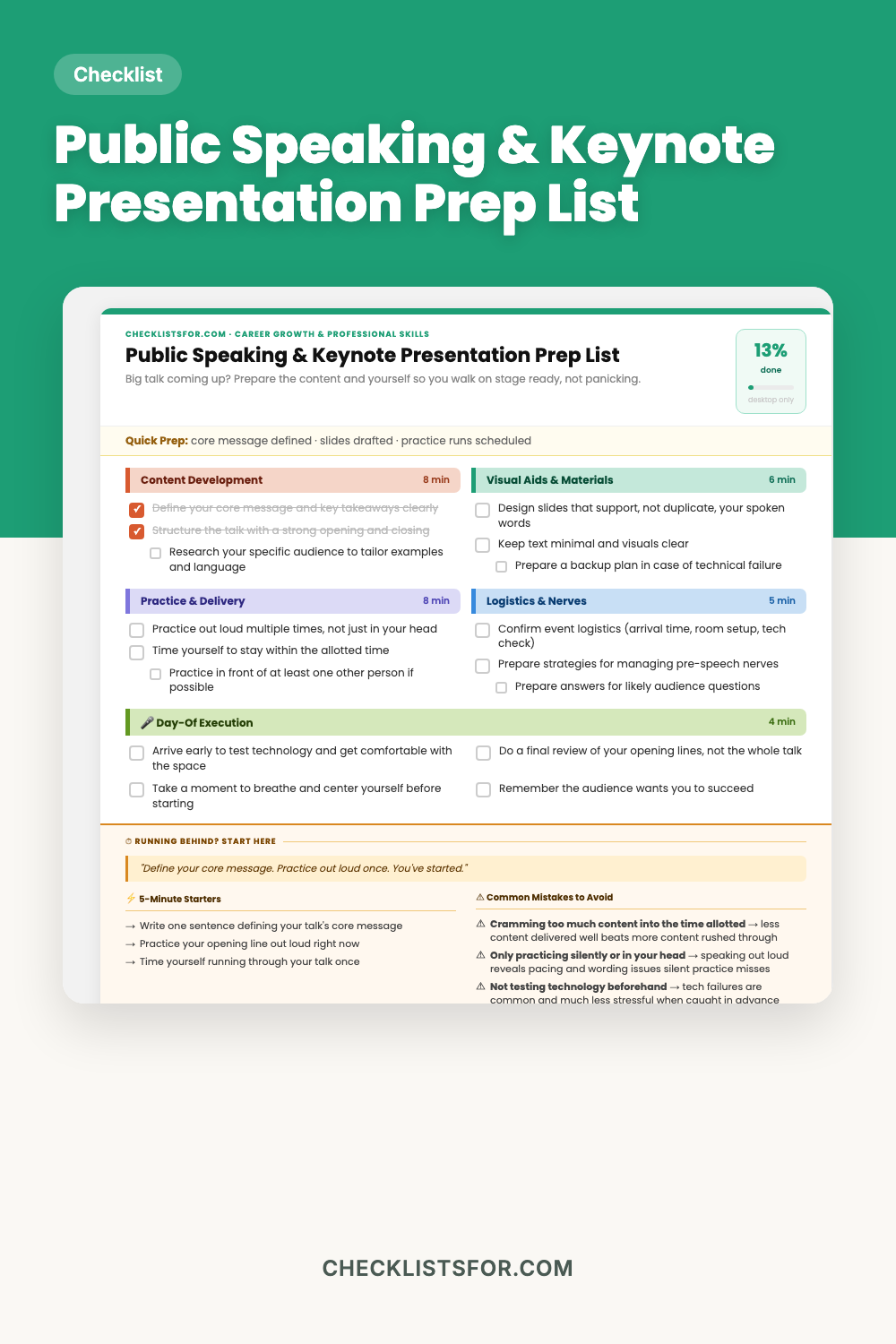 Public Speaking & Keynote Presentation Prep List cover, interactive checklist